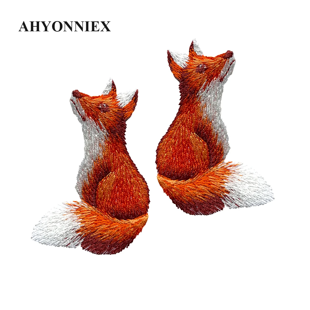 AHYONNIEX Pairs Iron On Embroidered Cute Fox Patches Clothes Bags DIY Applique Embroidery Parches Iron Patch for Clothes