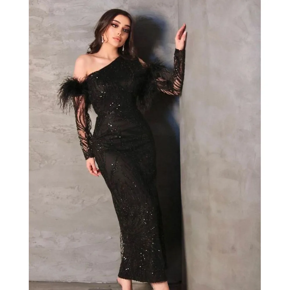 

Elegant Black Women Evening Party Dresses Strapless Full Length Illusion Feather Ankle Length Shiny Sequined Female Prom Gowns