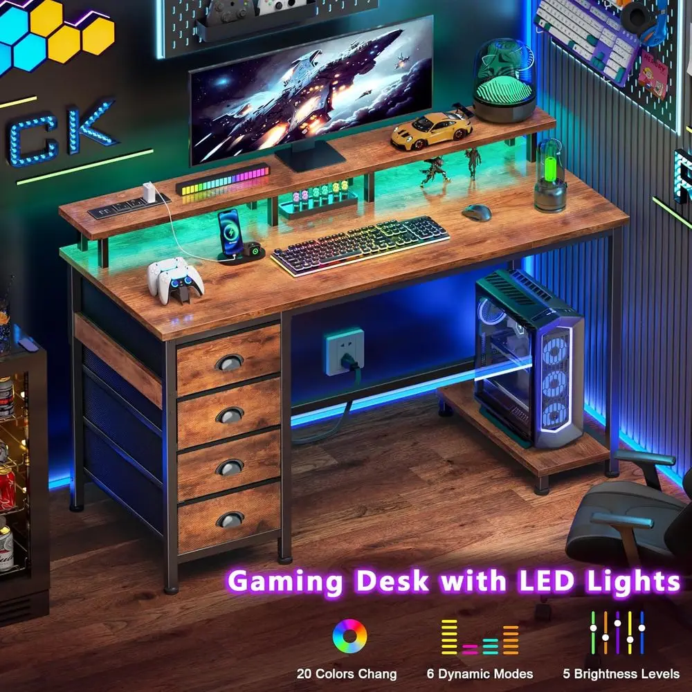 Rustic Brown 47 Desk with 4 Drawers, Monitor Stand, LED Lights, and Power Outlets for Home Office and Gaming in Small Spaces