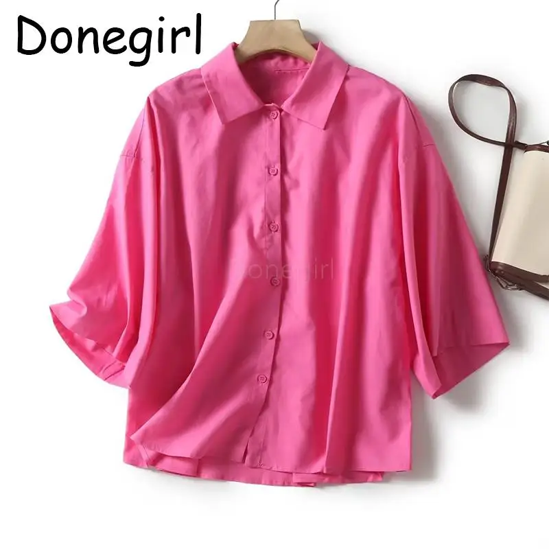 

Donegirl 2023 New Women Single-breasted Button Seventh Sleeve Shirt Linen Loose Casual Simple Blouses Solid Tops Femnale Chic