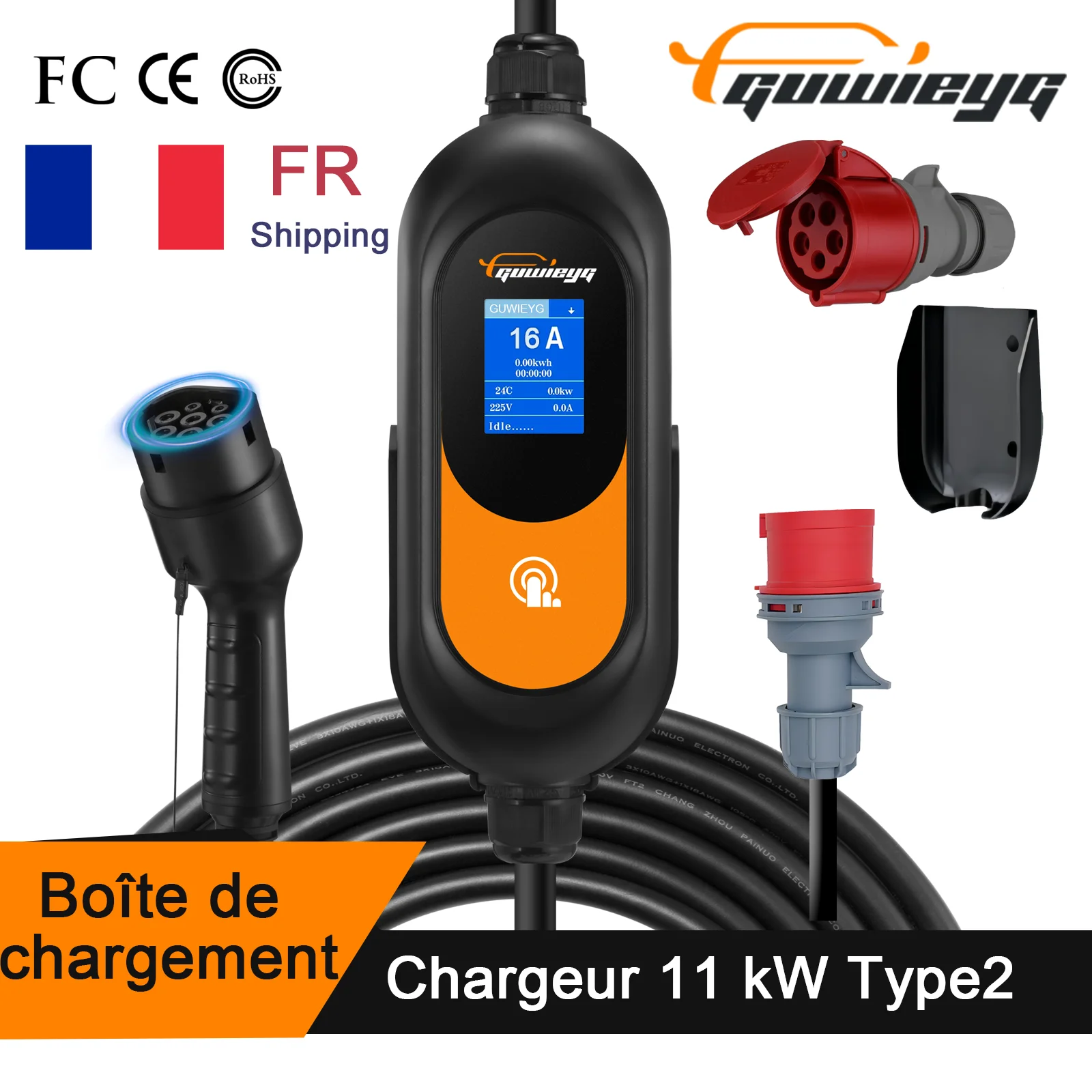 GUWIEYG 11K EV Charger Type2 IEC62196-2  Portable Charger 16A 3Phase 8a 10a 13a 16a Adjustable Current IP65 Type2 Charging Cable