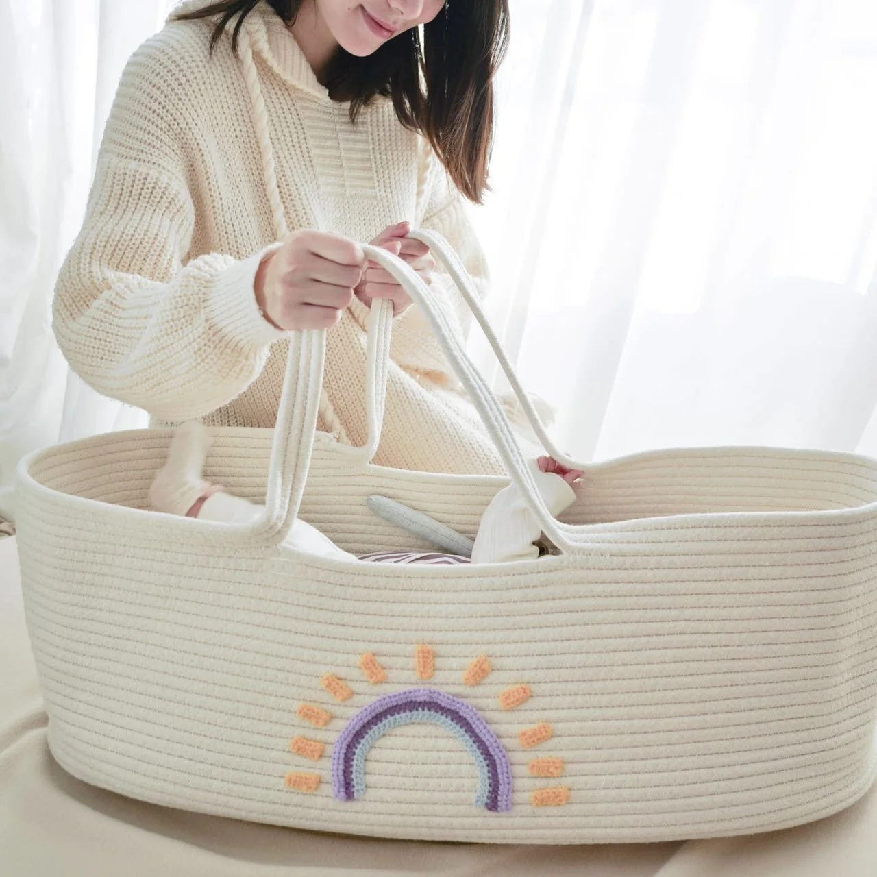 Portable Baby Carrying Basket Cradle for Newborn Woven Crib Bed Outdoor Sleeping Basket Nursery Storage Basket Photography Props