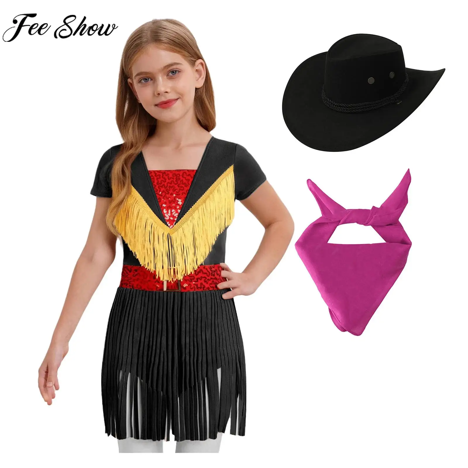

Girls Cowgirl Costume Sequin Tassel Leotard Dress with Felt Cowboy Hat Paisley Bandana for Halloween Carnival Cosplay Party