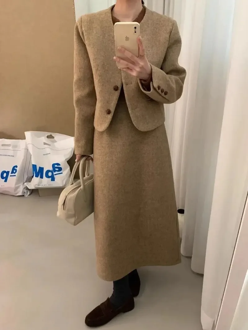 

Insozkdg Autumn Winter New Skirt Sets Women Small Perfume Style Woolen Suit with High-End Feel Chic Jacket and Skirt Two-Piece