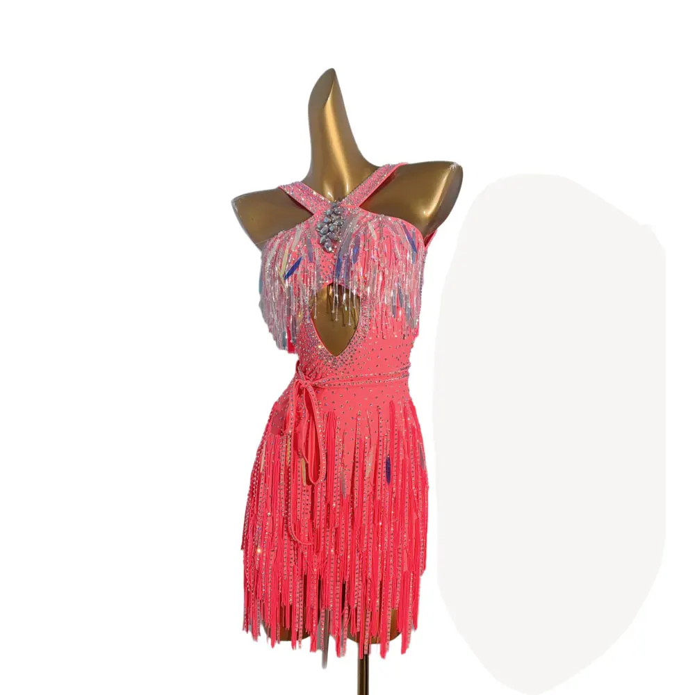 라틴 댄서 성인 어린이 하이 엔드 맞춤형 크리스탈 술 앞 가슴 접합 다이아몬드 바 차차 삼바 라인 석 드레스