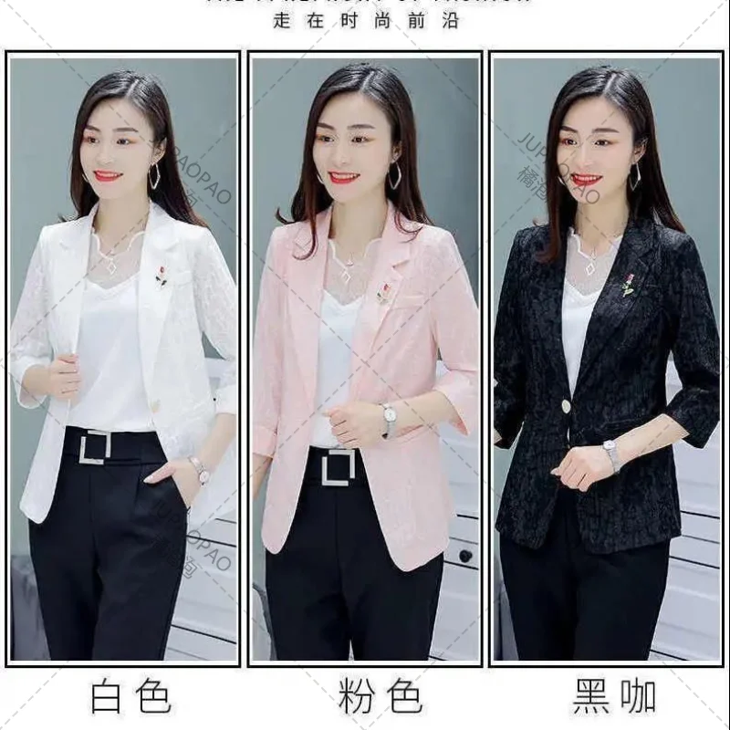 Three Quarter Sleeve Solid Color Patchwork Notched Lace Button Blazers Spring Autumn Thin Office Lady Women's Clothing Formal
