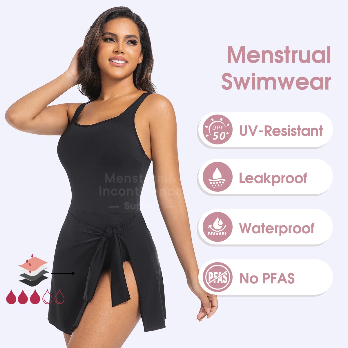 

Menstrual Swimwear Fast Absorption Heavy Flow 4-Layer Leakproof Protection One-piece Swimdress Breathable Waterproof Swimsuit