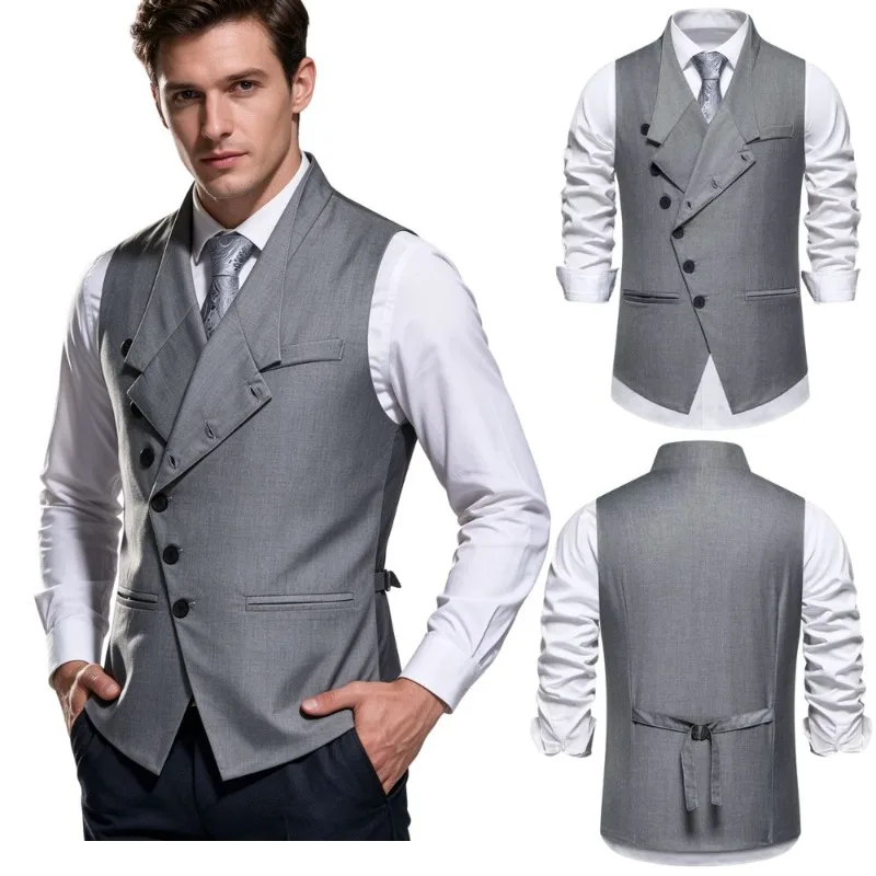 Men Slim Fit Suit Vest Stand Collar Asymmetric Diagonal Button Business Waistcoat Wedding  Groom Formal Dress Sleeveless Jacket