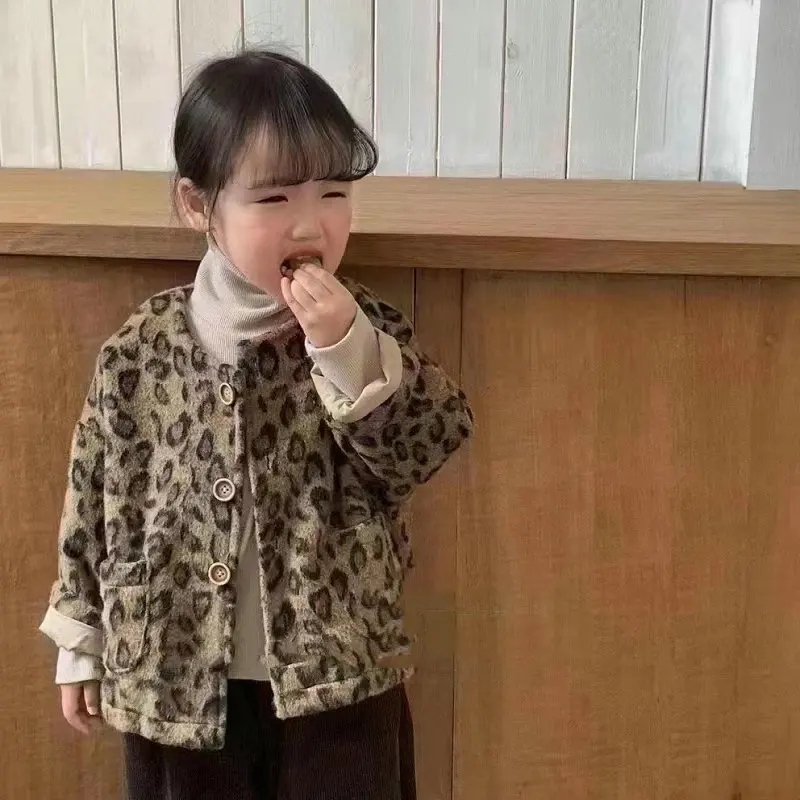 2025Boys and Girls Coarse Imitation Woolen Leopard Print Cardigan Top Autumn Winter New Fashion Casual Children Clothing