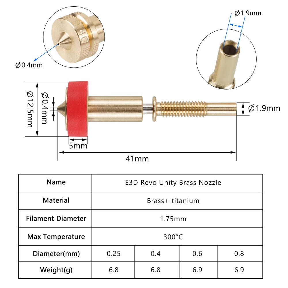 For E3D Revo Hotend Extruder 0.25mm 0.4mm 0.6mm 0.8mm Printer All-in-one Nozzles Heatbreak BrassTitanium Nozzle