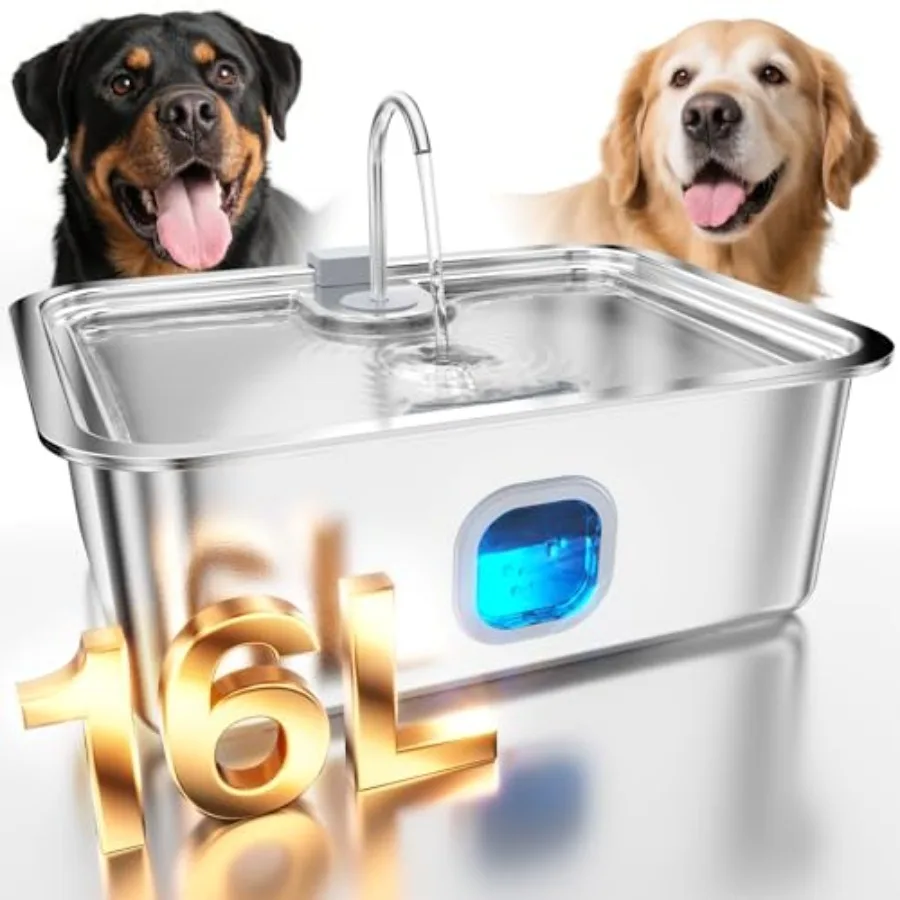 

Automatic pet water dispenser for multi-pets families: stainless steel silver 4.2Gal capacity with deeper wider drinking tray a