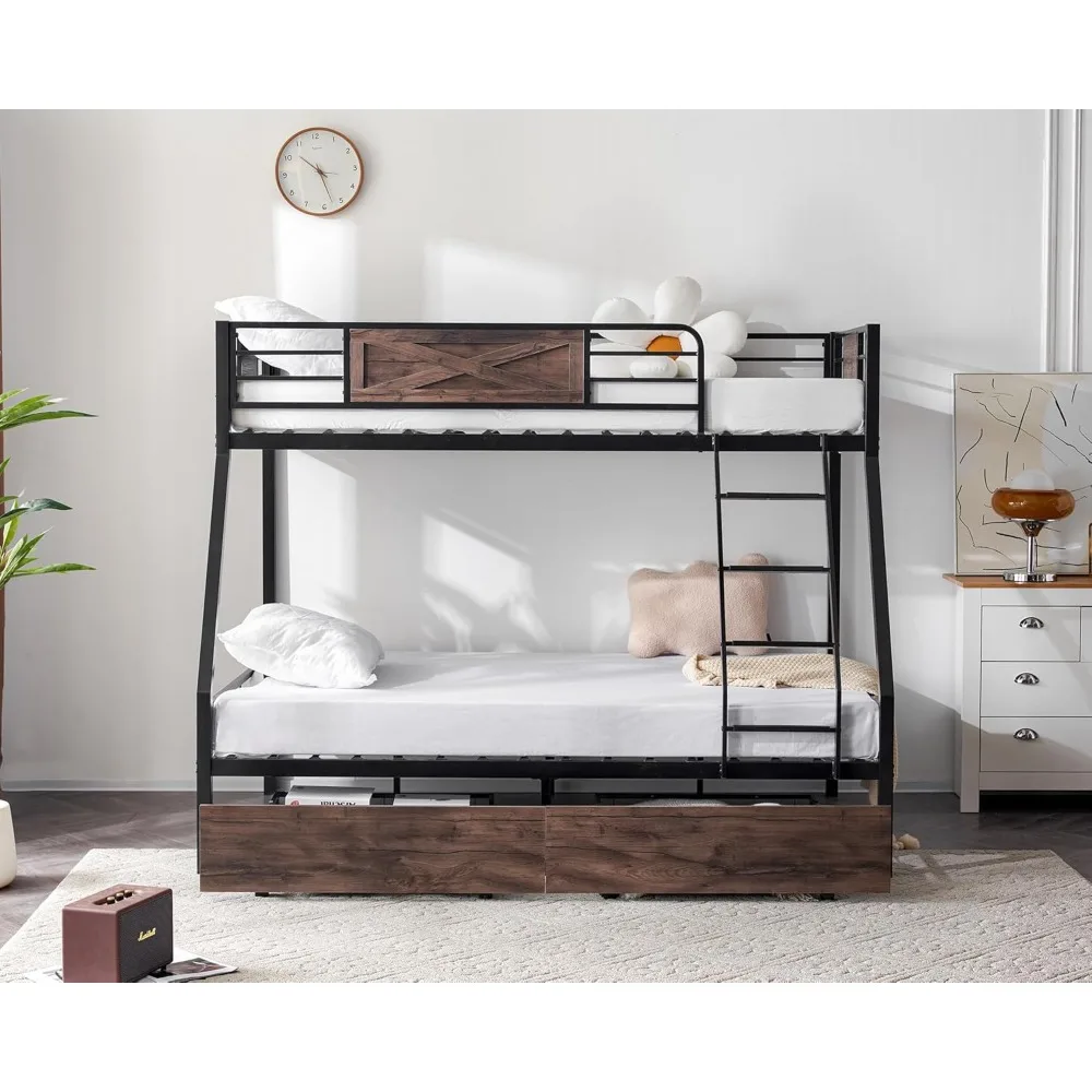 VINGLI Bunk Bed Twin Over Full Size with 2 Storage Drawers/Flat Rungs/Inclined Ladder, Heavy Duty Metal Slat Support, No Box Spr