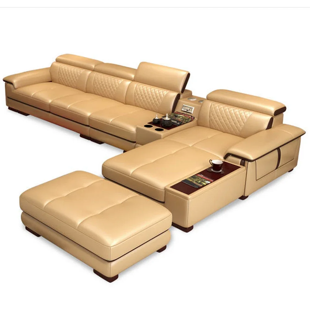 MINGDIBAO Italian Genuine Leather Sectional Sofa Set with Cup Holder, Adjustable Headrests & Bluetooth Speaker Living Room Couch