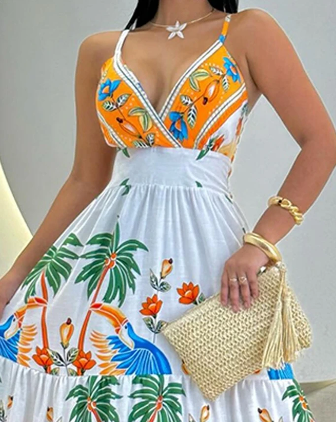 Elegante Damesjurk V-Hals Tropische Print Strepen Jarretel Hoge Taille Zomer Modieus Temperament Vakantie Stijl Jurk