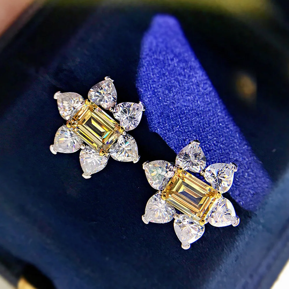 925 Sterling Silver Yellow Zircon Flower Shaped Stud Earrings for Women Gorgeous Stylish Anniversary Jewelry Gift for Girlfriend