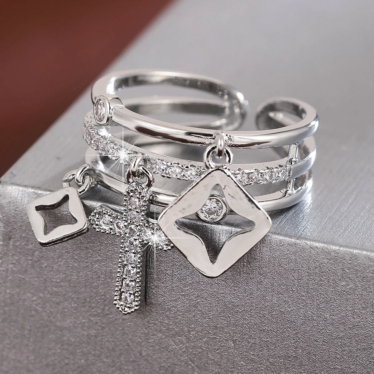 Unique crucifix Multi Layer Opening Ring Adjustable Women's Ring with Synthetic Zirconia