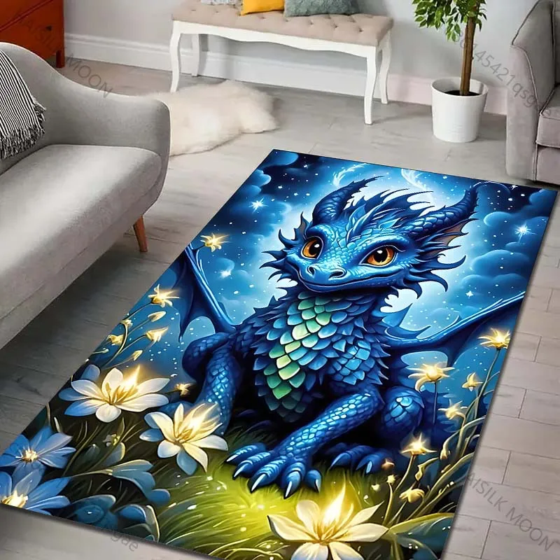 Multiple sizes Blue dragon with glowing flowers Print Carpet Rug for Living Room Bedroom Sofa Doormat Home Decor Non-slip Mat