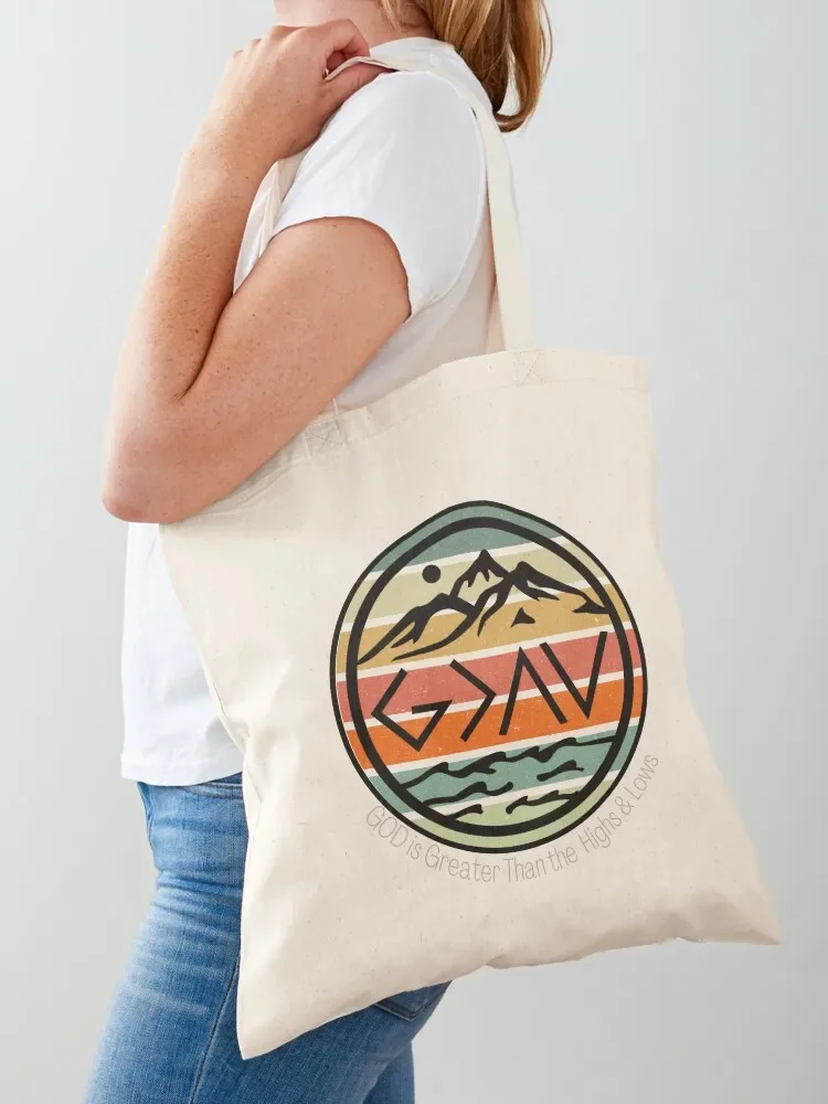 God is Greater Highs and Lows Sunset Religious Sunset Retro Christian Wall Art, God Print, Church Gift, God Greater Tote Bag