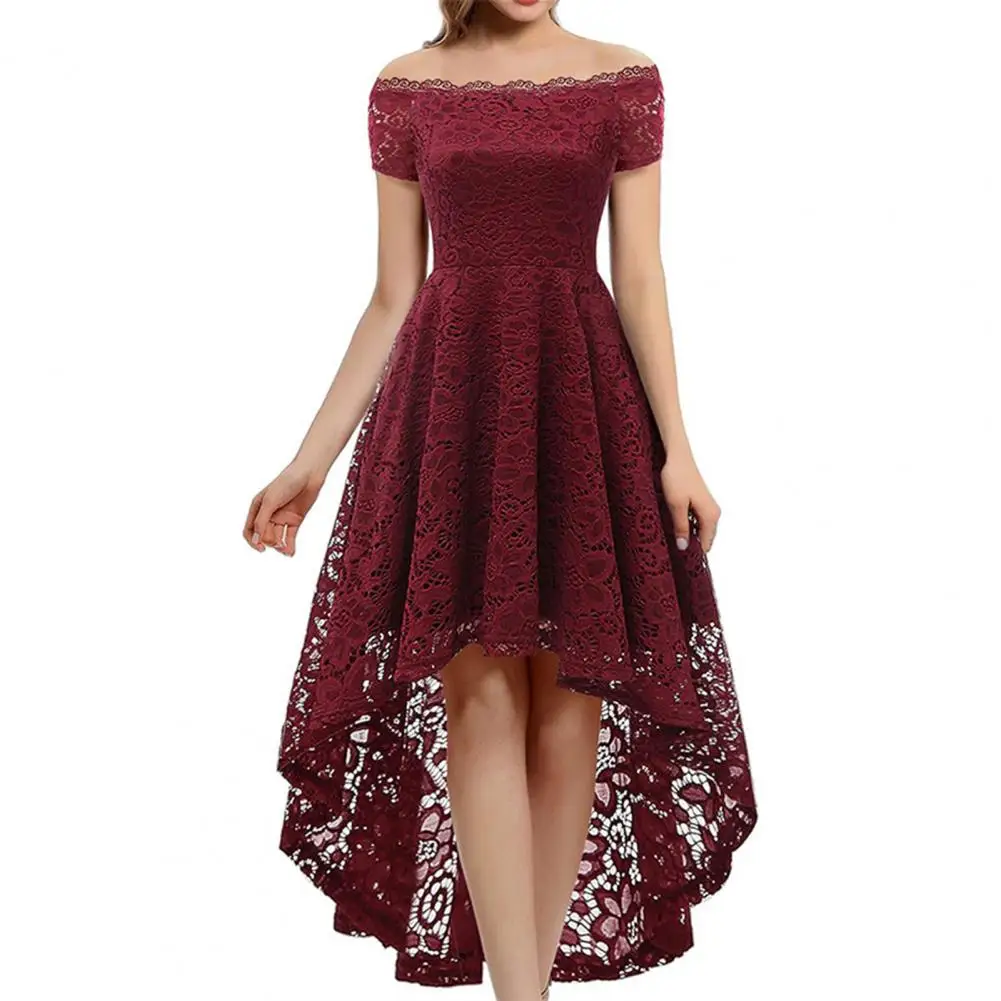 

Women Dress See-through Lace Flower Embroidery Irregular Hem Short Sleeves Off Shoulder A-line Prom vestidos para mujer