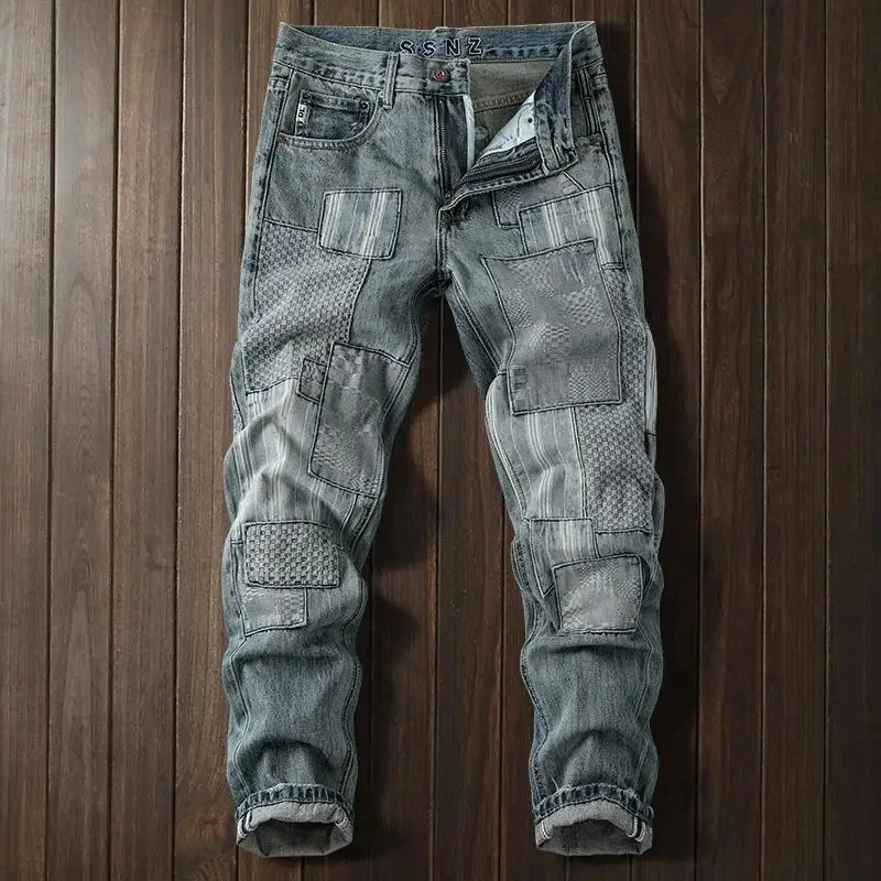 

Splicing patch autumn new elastic jeans slim straight leg pants washed denim durable motorcycle style long