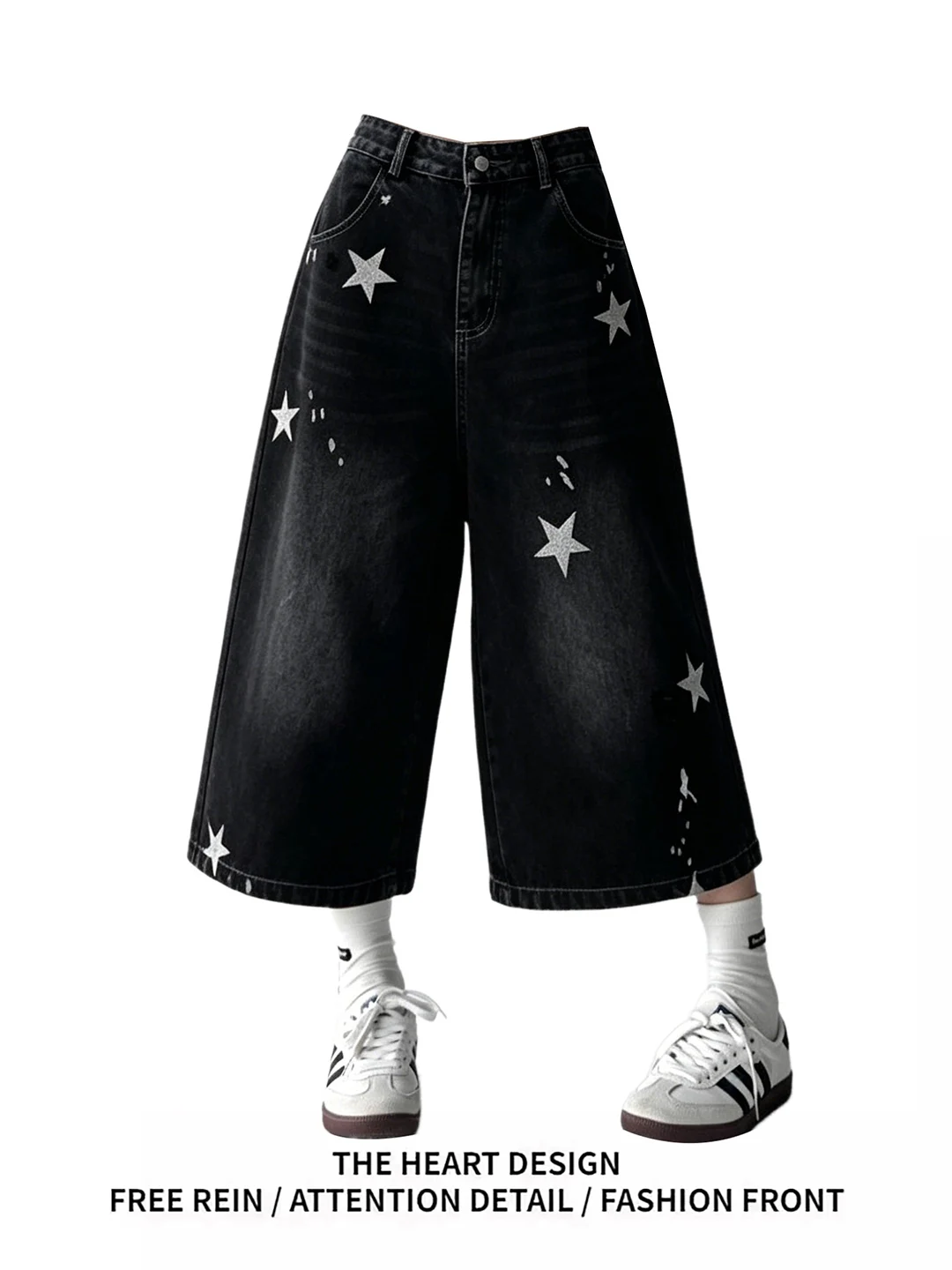 

American Retro Star Print Black Denim Seven-Foot Pants Loose Casual Short Jeans High Waist Wide Leg Pants Summer New Style