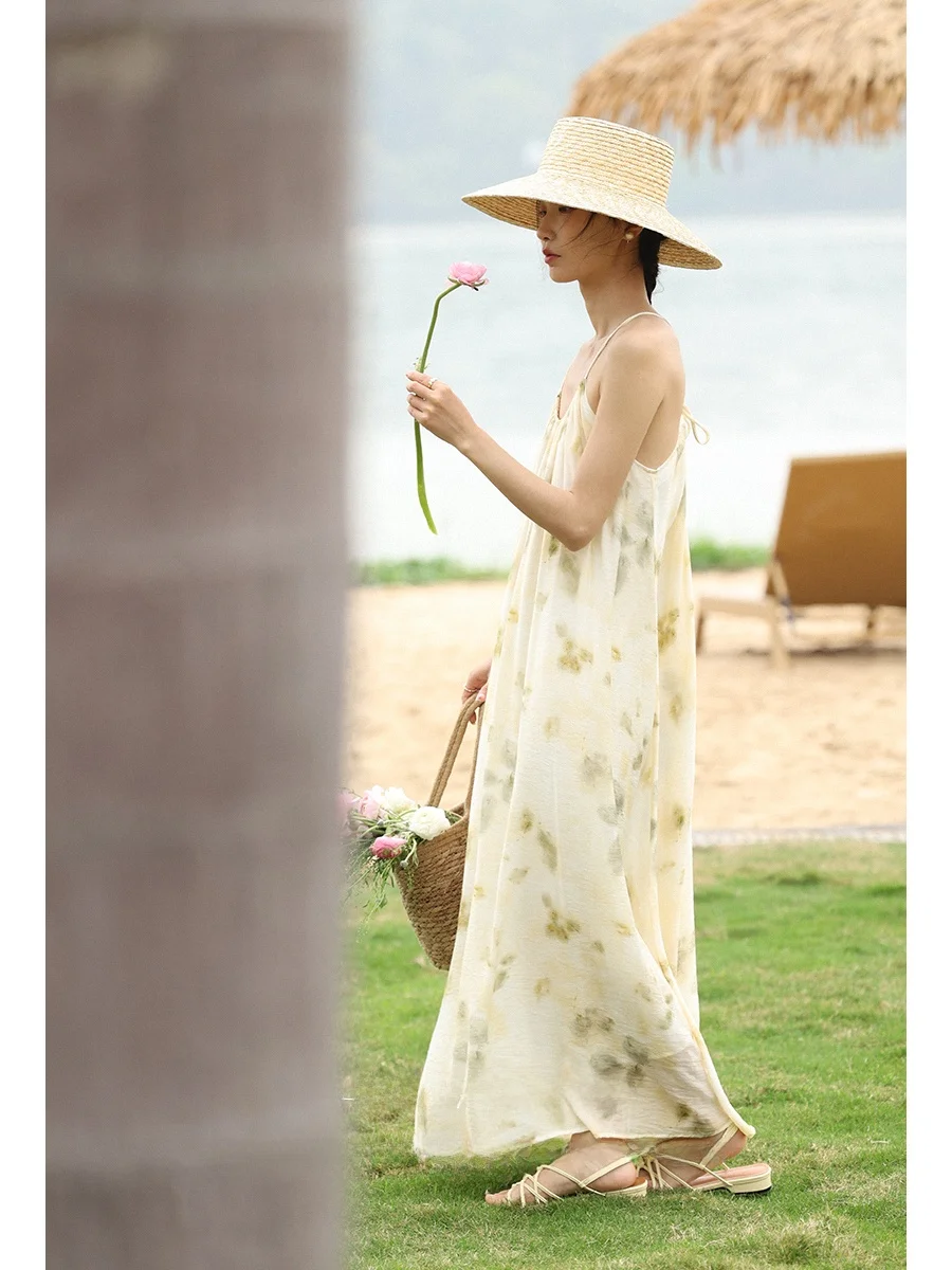 

Summer 2024 Casual Ins Sle Svel Beach Dyeing Pattern Loose Feel Dr A-Line Long Dr round Ne Dstring Fabric ...