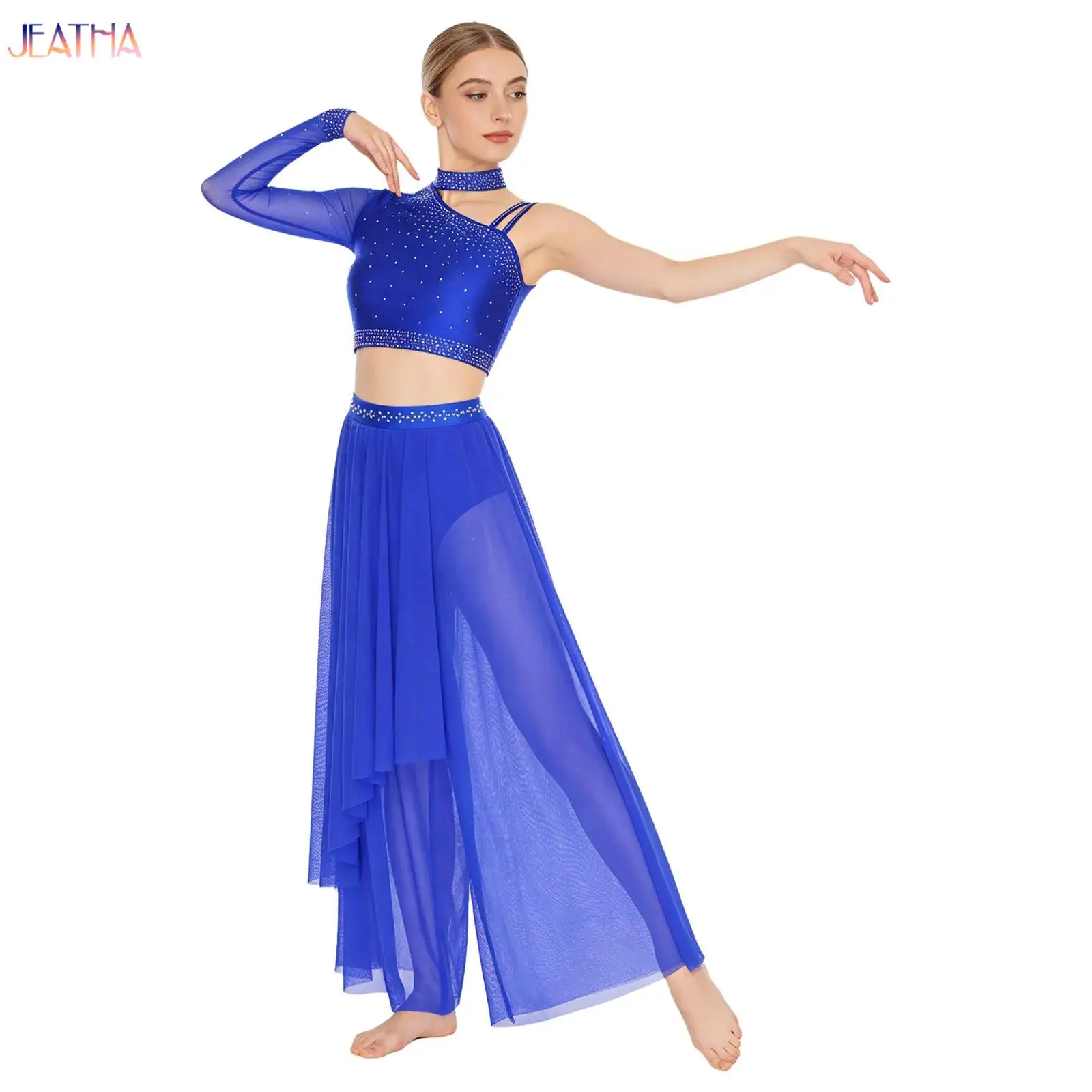 

Women Lyrical Dance Outfit Asymmetrical Shoulder Rhinestone Crop Tops and Overlay Built-in Briefs Pants Ballroom Latin Dancewear