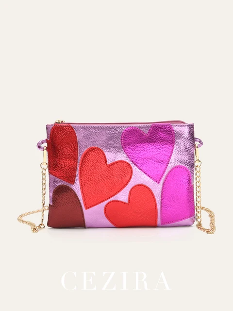 Marka Design kolorowe metaliczne PU skórzane sprzęgło kobiety moda wzór w kształcie serca kwadratowe torebki łańcuszek Crossbody torebka dziewczęca prezent