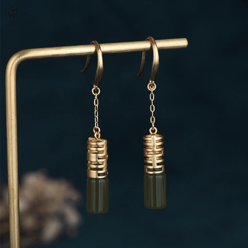 Bloggers Recomendar Chinese Elment Drop Earrings The Palace Style Retro Copper Gold-plated Imitation Jade Ear-Hook Acessórios