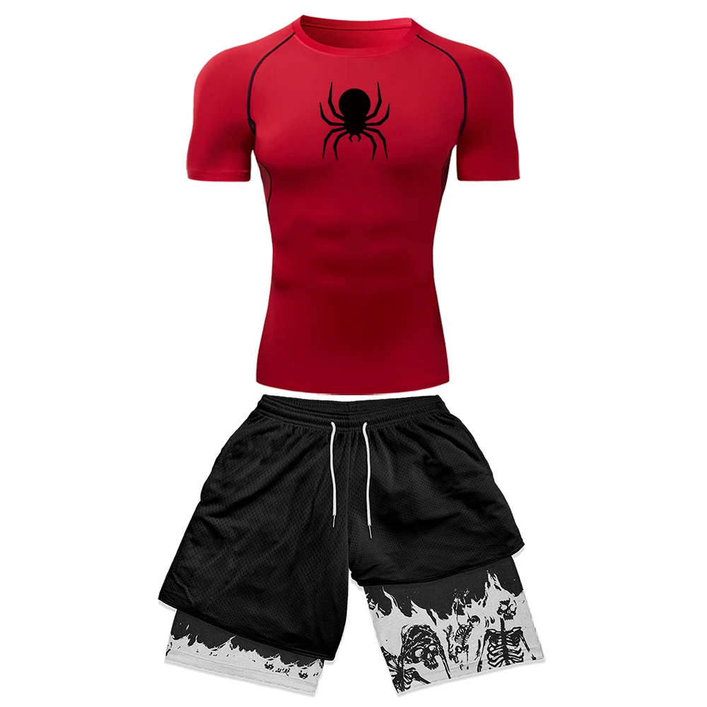 

Mens Fitted Athletic Compression Short Sleeve Top + Skeleton Dual Layer Running Shorts Gothic Spider Print Fitness Workout 2PCS