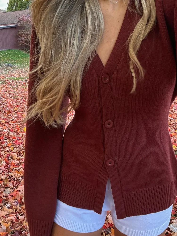 Women\'s Classic Brown Red V-neck Knitted Cardigan Fashion Single Breasted Loose Long Sleeve Sweater Autumn New Street Knitwear