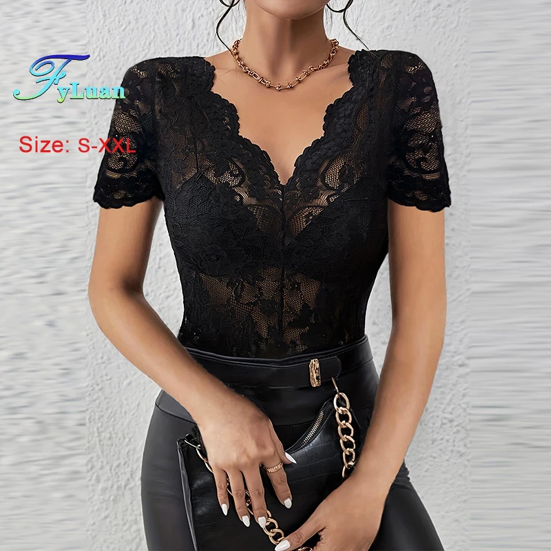

2025 Summer New Women's Short Sleeve T-Shirt Elegant Fan Shaped Edge V Neck Slimming Top Solid Color Lace Tight Fitting Pullover