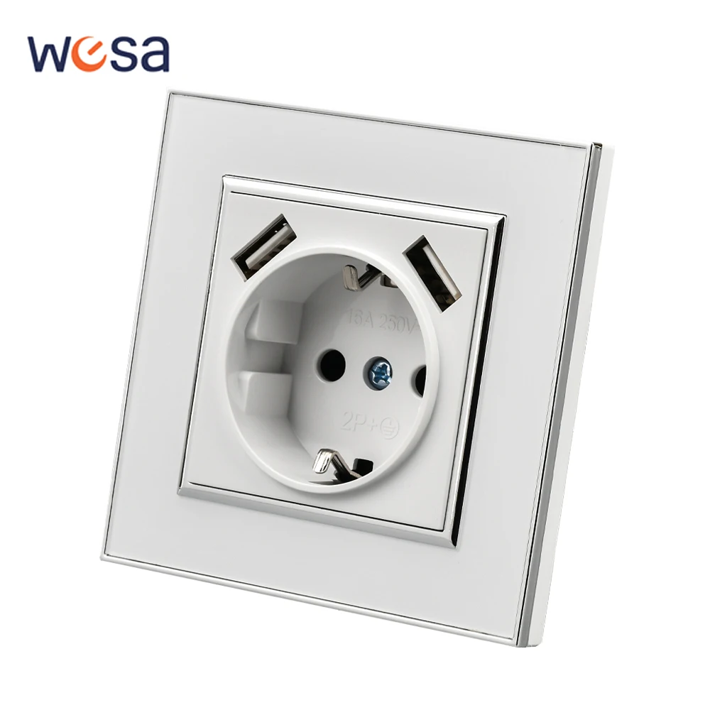 لوحة أكريليك بيضاء 250 فولت مع مقابس طاقة USB مثبطات اللهب الأرضية منافذ كهربائية مقبس حائط قياسي كلاسيكي من الاتحاد الأوروبي #1