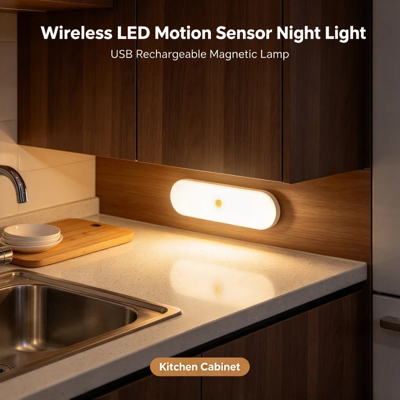 LED Motion Sensor Cabinet Light USB Rechargeable Magnetic Night Lamp for Home Holiday Party Decor for Kids Room Gift Decoration