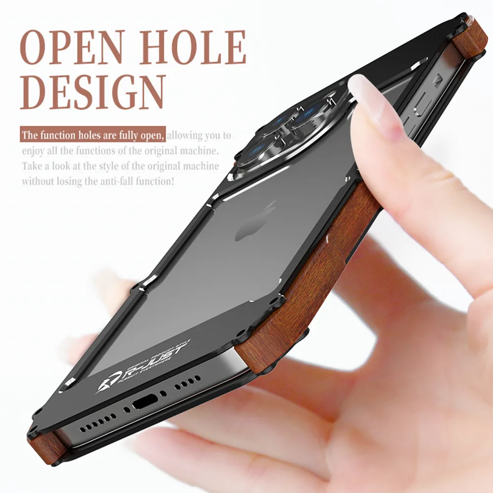 Iron Wood Case for iPhone 14 Pro Max 15 Pro 13 12 11 XS Max XR X Aviation Aluminum Alloy Bumper Metal Cover for iPhone 13 Mini