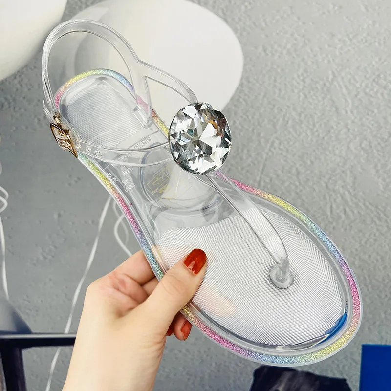 Size 36-42 Women Girls Jelly T- Tied Sandals INS Hot Sales Colorfull Diamond Transparent PVC Summer Berach Flip-flop Shoes