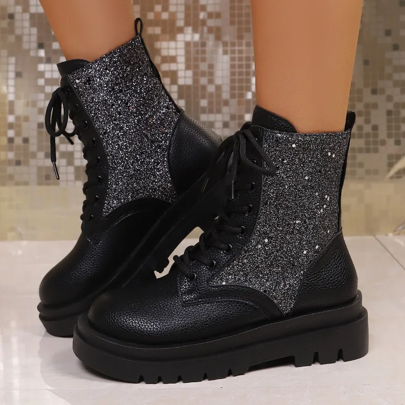 

The 2026 Spring New Style of Sequined Women's Boots, Large-sized Thick-soled European and American Round-toed Ankle Boots，36-43