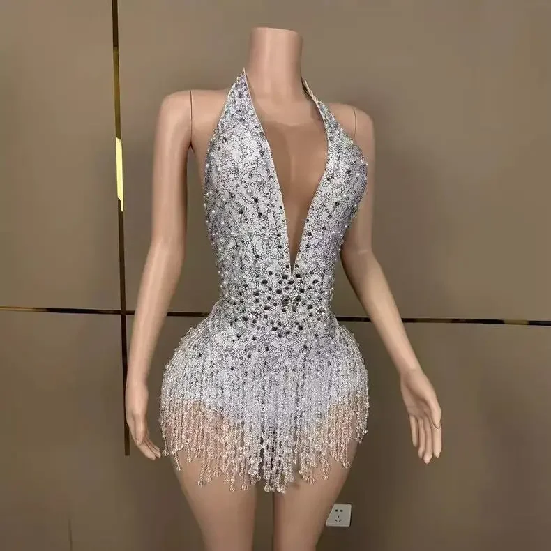 Body con flecos de perlas y diamantes de imitación brillantes, ropa de bailarina para escenario, traje de Club, traje de baile de actuación sin espalda con cuello en V profundo Sexy
