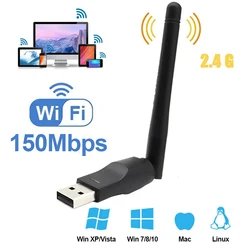 Mini adaptador WiFi USB MT7601 de 150Mbps, tarjeta de red inalámbrica de 2,4 GHz, receptor WiFi 802,11 b /g/n, Dongle LAN para decodificador RTL8188