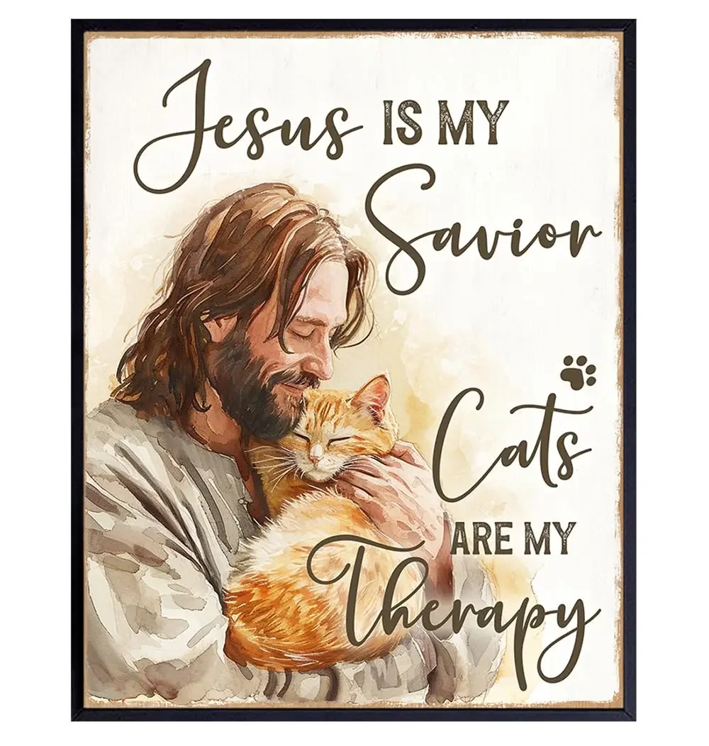 Jesus Christ Cat Wall Art & Decor - Cat Lover Cute Cat Christian Wall Decor - Christian Gifts for Girls, Cat Mom, Cat Dad -