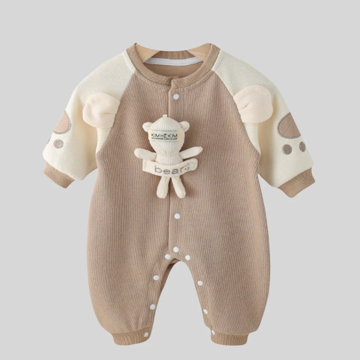 Autumn New Baby Romper 0-24M Waffle Knit Patchwork Drop Shoulder 3D  Bear Snap Button Infant Jumpsuit