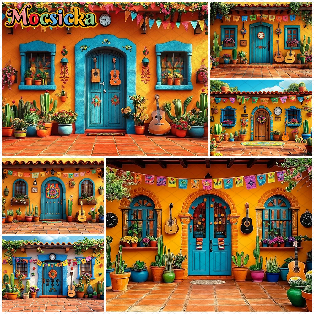 

Mocsicka Birthday Party Photo Backdrop Cactus Guitar Flowers Picture Decors Photography Background Studio Orange House Wallpaper