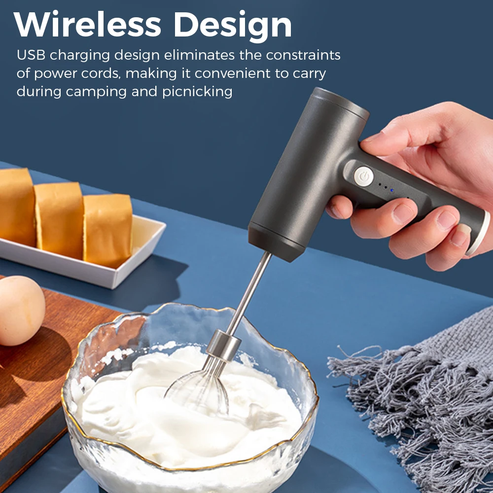 Electric Egg Whisk Wireless Food Mixer with 3 Mixing Head Rechargeable Milk Frother Whipped Cream Maker for Baking Cooking