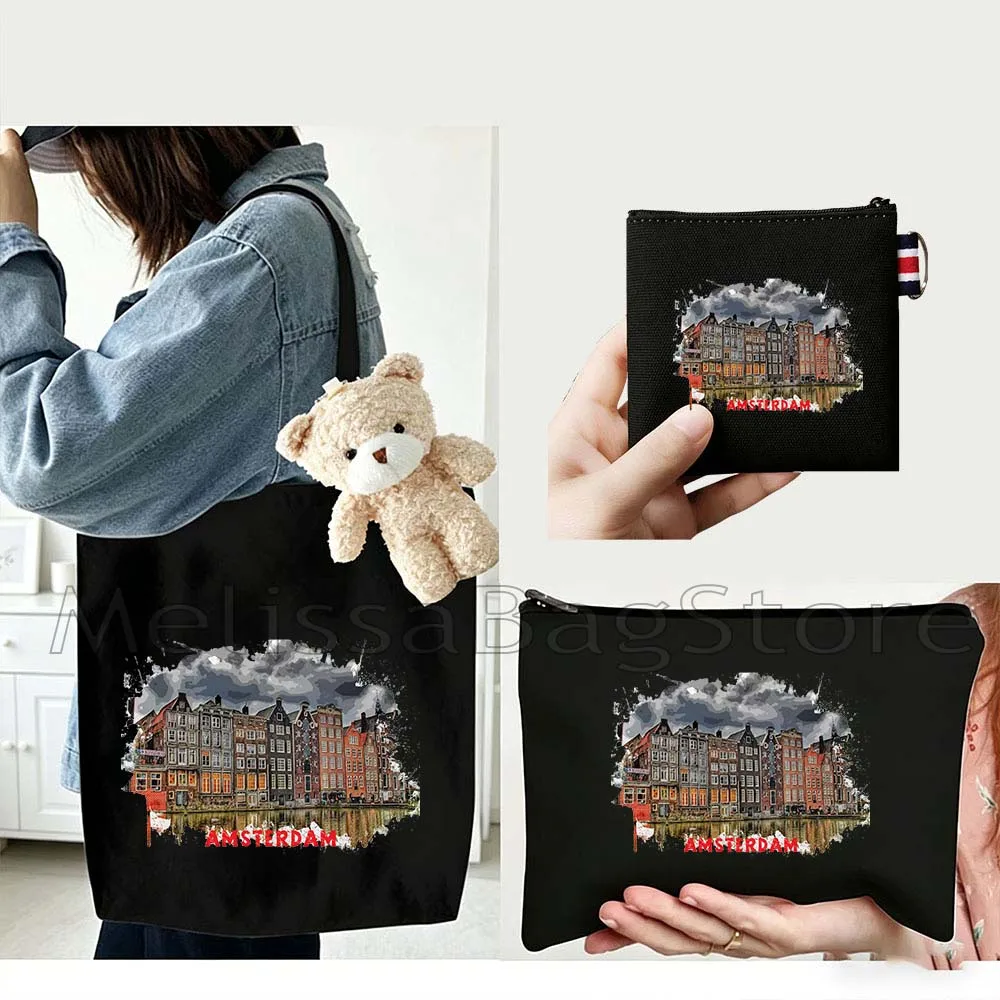 

4PCS Gift Set Amsterdam Netherlands Black Canvas Tote Bag Handbag with Doll Key Coin Purse Cosmetic Makeup Toilet Bag Case Pouch