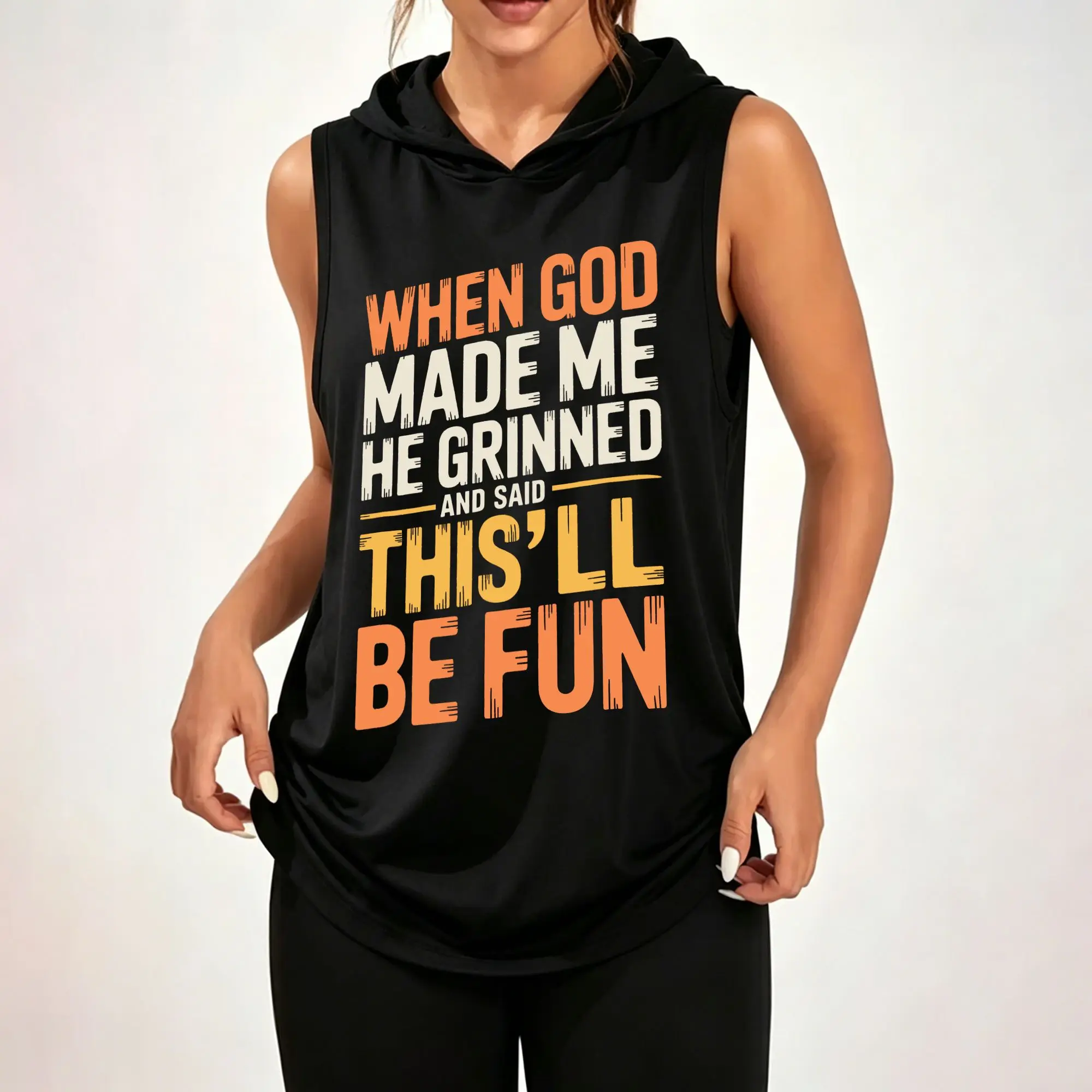 Women Sleeveless Hooded Tank Top Funny Quote Letter Print 