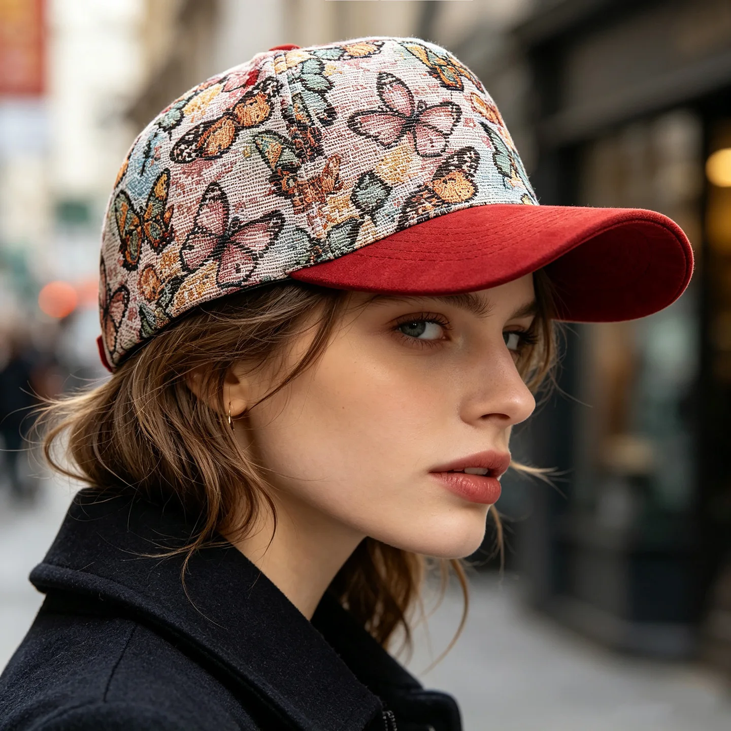 Women Duck Hat American Retro Butterfly Knitted Baseball Cap with Literary Color Clash Suede Hat Brim Cap