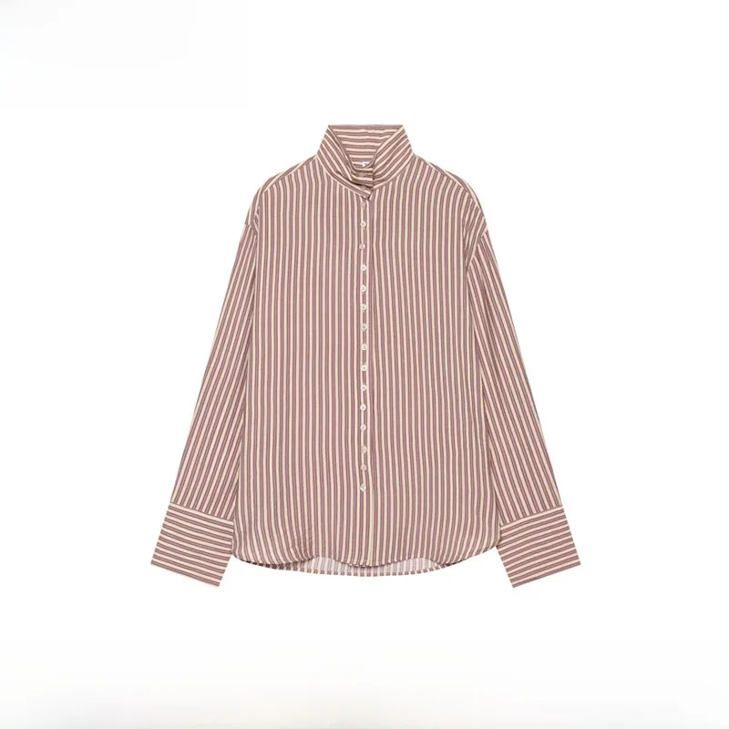 Early Autumn New Arrival Women's Fashion Simple Stripe Stand Collar Shirt Versatile Polyester Fiber Long Sleeve Regular Length