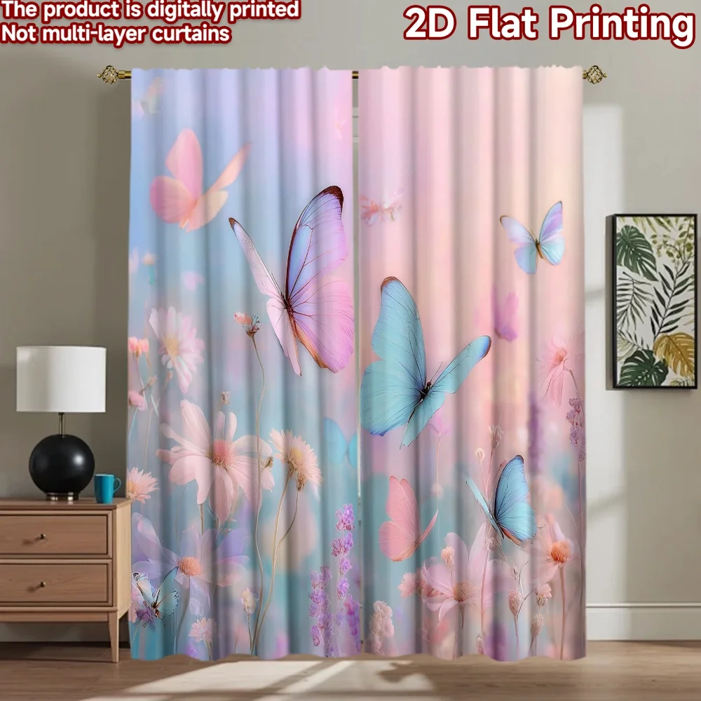 

2D flat printing 2pcs Window Curtains Beautiful Butterflies Sky Pastel Fantasy Digital Printed Polyester Drapes Holiday