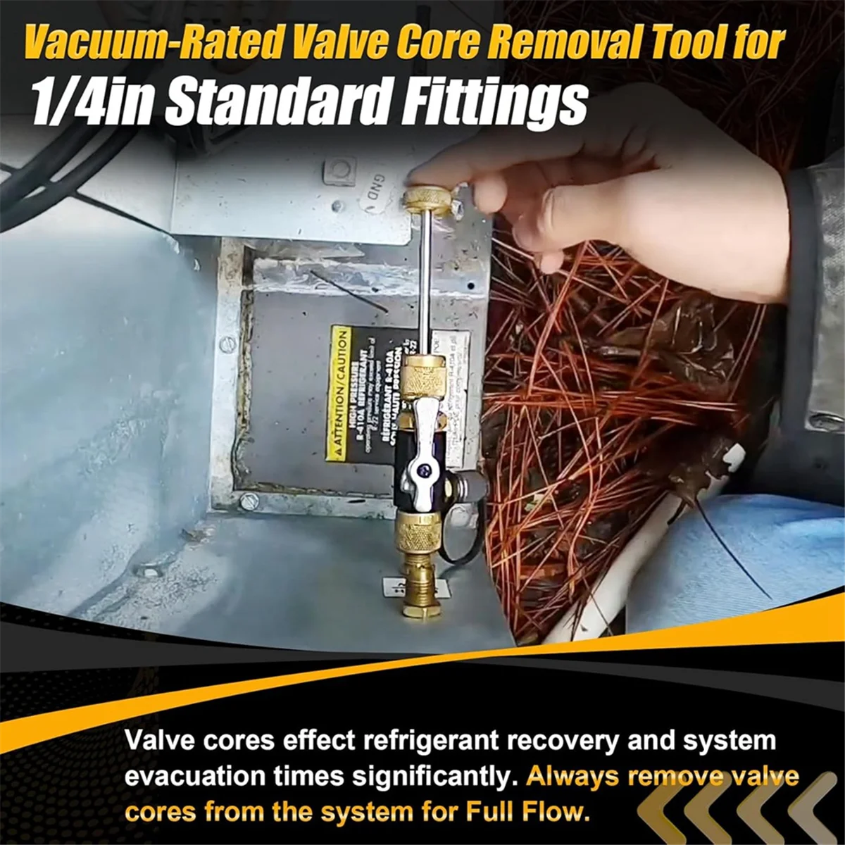 เครื่องมือกําจัดแกนวาล์ว ABJZ HVAC, เครื่องมือกําจัดแกนวาล์วสุญญากาศขนาด 1/4 นิ้ว, ทํางานร่วมกับสารทําความเย็นทั้งหมด, เครื่องมือ HVAC