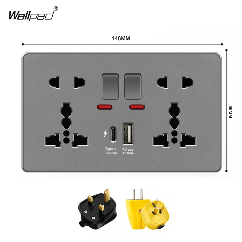 146*86mm 5Pin Universal Switched Socket Matte Grey PC Panel 3.1A 18W Type-C Plug Fast Charger Power Socket UK 13A Wall Socket